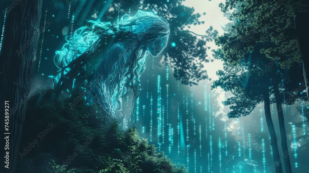 Poster a surreal forest scene where glowing, digital binary code cascades like rain around an ethereal tree