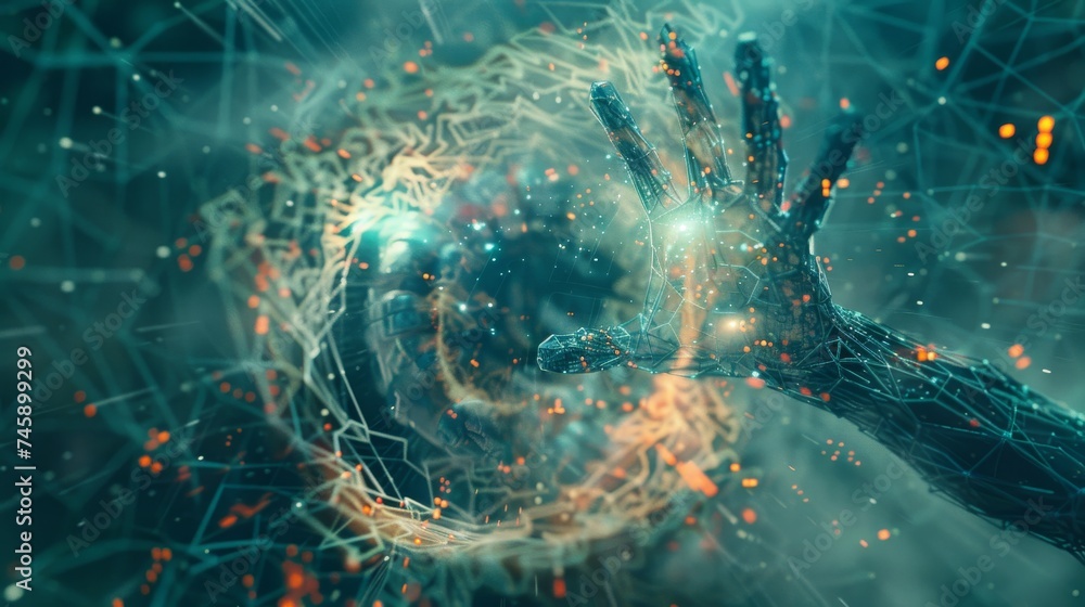 Poster a cybernetic hand reaches out, interacting with a complex digital network, symbolizing the connectio