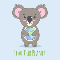 Earth day card, poster, banner with cute koala bear holding  planet