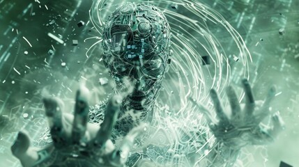 A conceptual image of an artificial intelligence entity emerging with outstretched hands in a dynamic virtual reality environment.