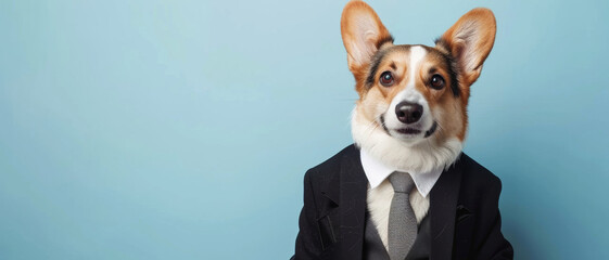 A corgi in a suit poses with a business-like demeanor against a blue backdrop.