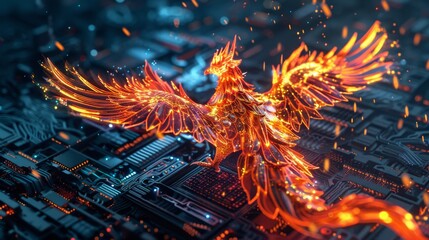 A digital phoenix emerges in flames over a landscape of intricate computer circuit boards, symbolizing rebirth and technology.