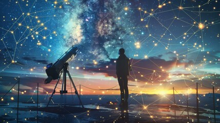 An individual stands before a starlit sky, connected to a complex cosmic network, symbolizing the quest for astronomical knowledge and discovery.