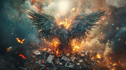 A majestic phoenix arises from a maelstrom of fiery destruction amidst shattered technology, symbolizing rebirth and resilience. - obrazy, fototapety, plakaty