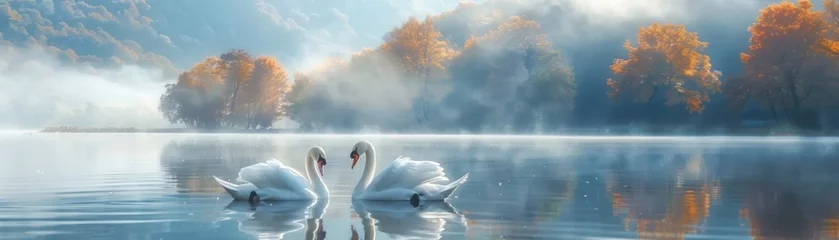 Fotobehang Swans of Love. A Serenade on the River's Embrace. Glide with Graceful Majesty as Two Swans, Symbols of Eternal Romance © Thares2020