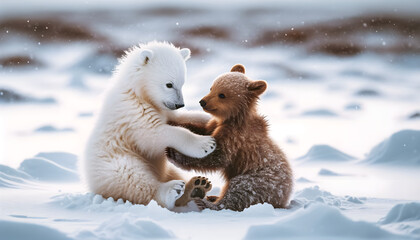 Obraz premium Polar bear cub and brown bear cub playing in the snow