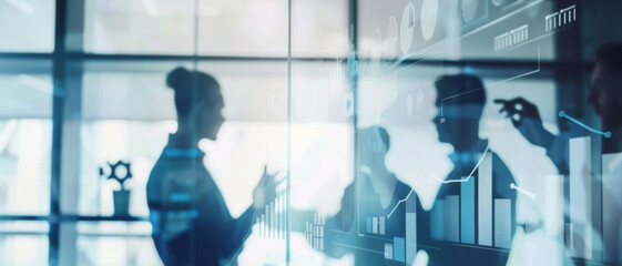 Corporate professionals engage with holographic data analysis in a high-tech workspace.