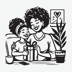 Mother and Kids Vector Illustration. Mom Holding Her Child and Suspires Gift Silhouette  
