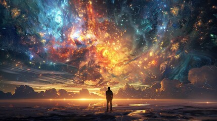 A lone individual stands in awe as they witness an extraordinary cosmic event, with vibrant galactic elements unfolding above a serene landscape.
