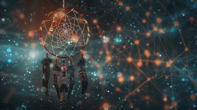 A Native American dreamcatcher stands out with its intricate webbing and feathers against a cosmic backdrop, reminiscent of a starry network. - Powered by Adobe