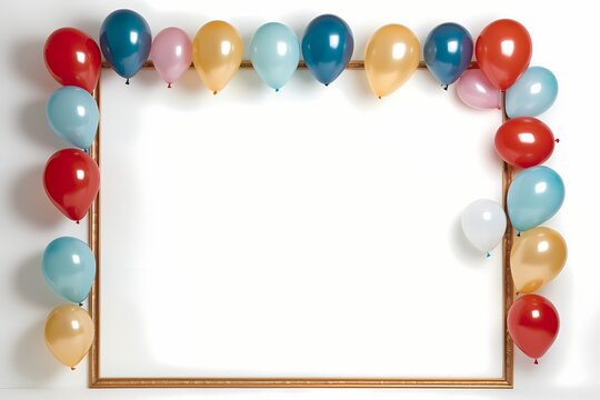 Various-sized balloons form a vibrant border, encircling an empty birthday frame, creating a visual prelude to the upcoming photographic celebration in high definition.