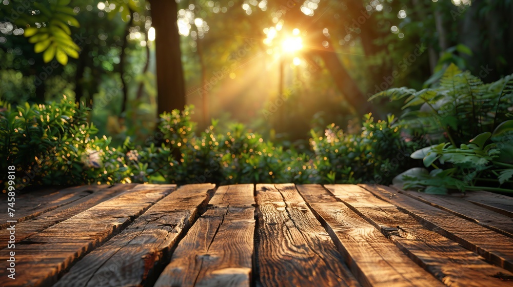 Poster empty table background with defocused nature theme in background