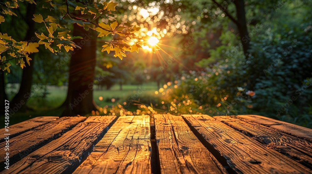 Aufkleber empty table background with defocused nature theme in background
