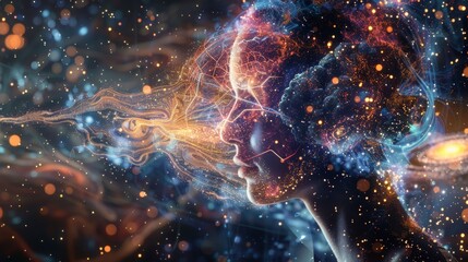 A human profile is seamlessly intertwined with a cosmic tapestry, representing a dreamscape where the mind and the vast universe converge.