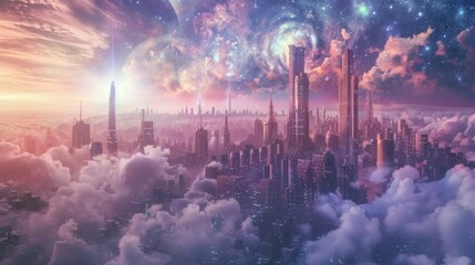 Fototapeta premium A breathtaking cityscape soars towards a majestic cosmic skyline, where the boundaries between a futuristic metropolis and the infinite universe blur.