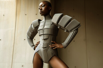 model posing in a chic 3d printed suit for an urban fashion line
