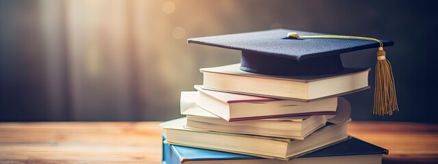 Graduation hat and stack of study books. Concept of learning, education and graduation. The pride of the family
