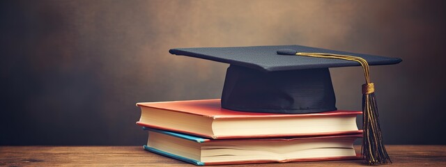 Graduation hat and stack of study books. Concept of learning, education and graduation. The pride of the family