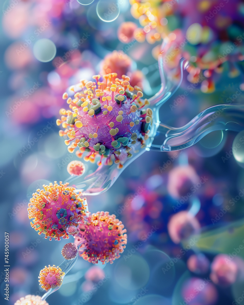Poster vibrant microscopic view of viruses showcasing intricate structures and colorful details in a labora