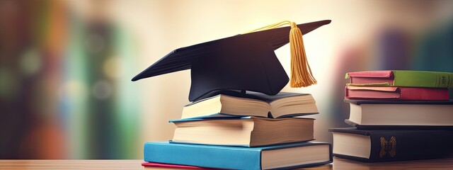 Graduation hat and stack of study books. Concept of learning, education and graduation. The pride of the family