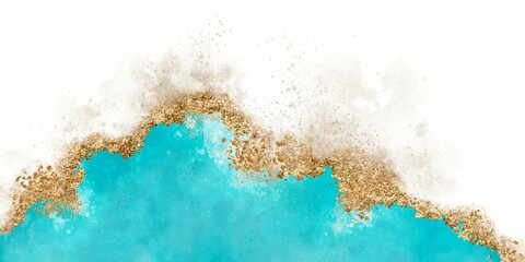 Luxury Turquoise Watercolor Border Background with Gold Glitter