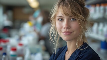 Young female nurse with a friendly smile standing in a medical facility with healthcare supplies in the background.