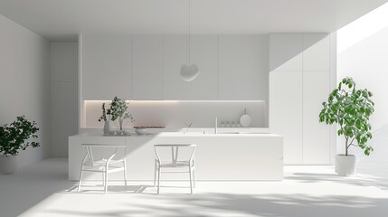 Simplicity of a minimalist white kitchen, uncluttered surfaces and minimalistic design elements come together to create a bright and inviting space for culinary creativity and intimate gatherings