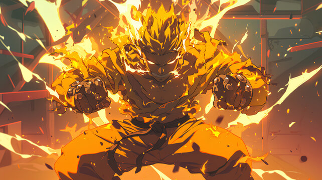 the pose of a burly man with an anime aura of fire ready to fight