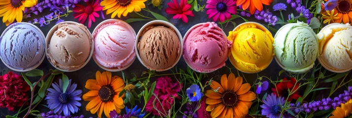 Foto op Canvas Different flavors of ice cream in scoops in different waffle cups with wild flowers and bright colors. Generative AI © Eugen