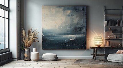 modern living room, Hanging on the wall is an abstract painting with portrait shape texture, light white and tone, several elegant decors