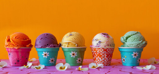 Different flavors of ice cream in scoops in different waffle cups with wild flowers and bright colors. 
Space to copy. Generative AI - obrazy, fototapety, plakaty