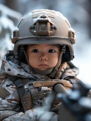 A chinese little baby in camouflage suit, 7months,wear a helmet