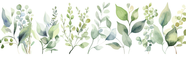 Watercolor Botanic Leaf and Buds. Seamless Herbal  - obrazy, fototapety, plakaty