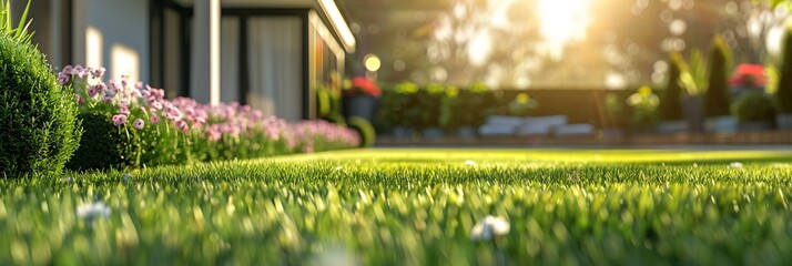 The morning sun shines on the green lawn, The backyard for the background, the meadow grass, The design concept for background. Panoramic - obrazy, fototapety, plakaty