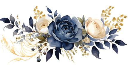 Watercolor Navy Blue Bouquet Gold Leaves Botanical C - obrazy, fototapety, plakaty