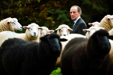 man in a business suit standing amidst a herd with one black sheep