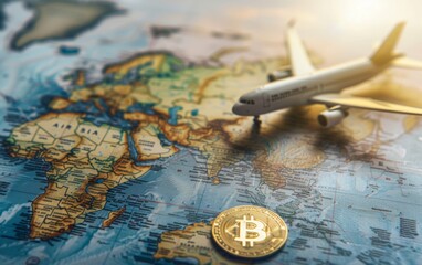 A Bitcoin with an airplane model next to it on a map illustrating the concept of travel and international spending with digital currency