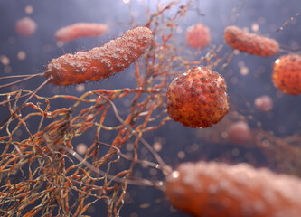 Microbe infection. Close-up of rod-shaped bacteria with flagella and viruses floating. 3d rendering. - 745901289