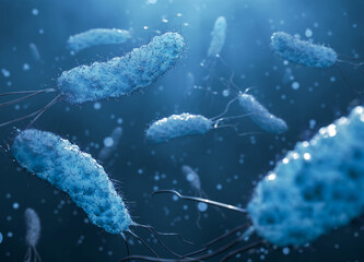 Pathogenic bacteria colony flowing in blue background. 3D rendering of microscopic health dangerous microorganisms. - 745901437