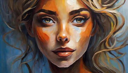 Oil painting of beautiful woman face. Female with curly hair. Hand drawn art