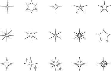 Minimalist line stars icon, twinkle star shape symbols. Minimalist silhouette stars icon set, twinkle shining star shape symbols, icons, elements. Modern geometric sparkle silhouettes sign vector.