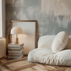 white lazy floor sofa, table lamp over 4 stacks of books, in the style of minimalist abstractions