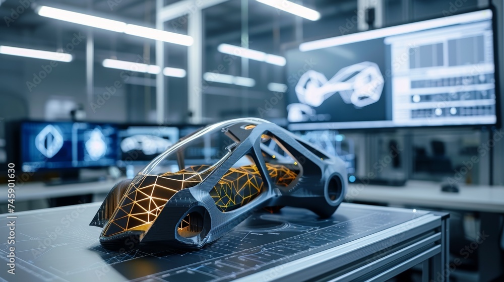 Poster a futuristic tech design mid-transition from 3d print to reality