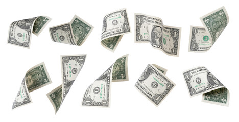 Collection of isolated of 1 USD dollar banknote flying on white background , Dollar is currency of United States of America and it is the main currency exchange and transfer in the world.