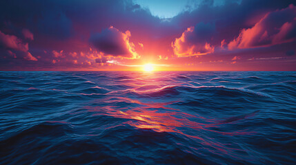 A dramatic sunset over the ocean with deep purples. - obrazy, fototapety, plakaty