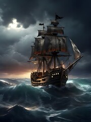 pirate ship sailing forward in the waves of a stormy sea, realistic, hd style, 4k