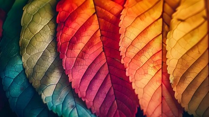 close up of autumn leaves. Multicolored fall leaves. Colorful autumn leaves. Macro leaf texture, digital ai
