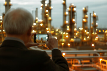 man in blazer taking photo of refinery with smartphone