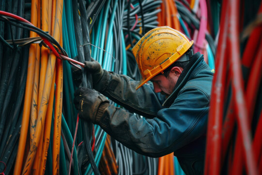 Lack of skilled workers. Electrician pulls cables at a construction site. Generative AI	
