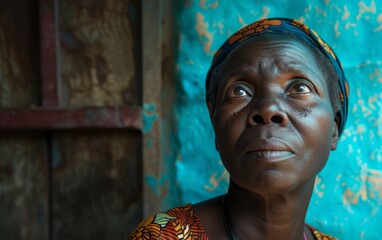 middle-aged stage, West African individual. Illuminate them againstA turquoise background with professional lighting, Their faces should express love